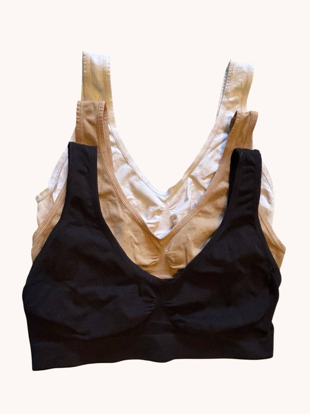 Genie Seamless V-Neck Comfort Bralette Trio - White, Tan, Black 3 pack